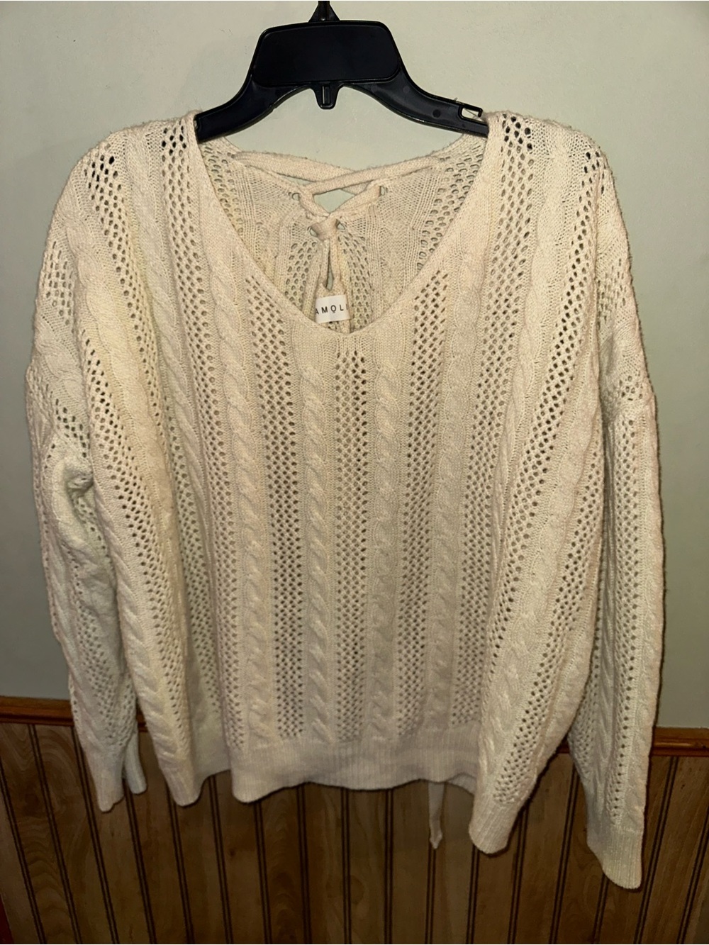 Amoli Ivory Textured Twist Back Cable Knit Sweater